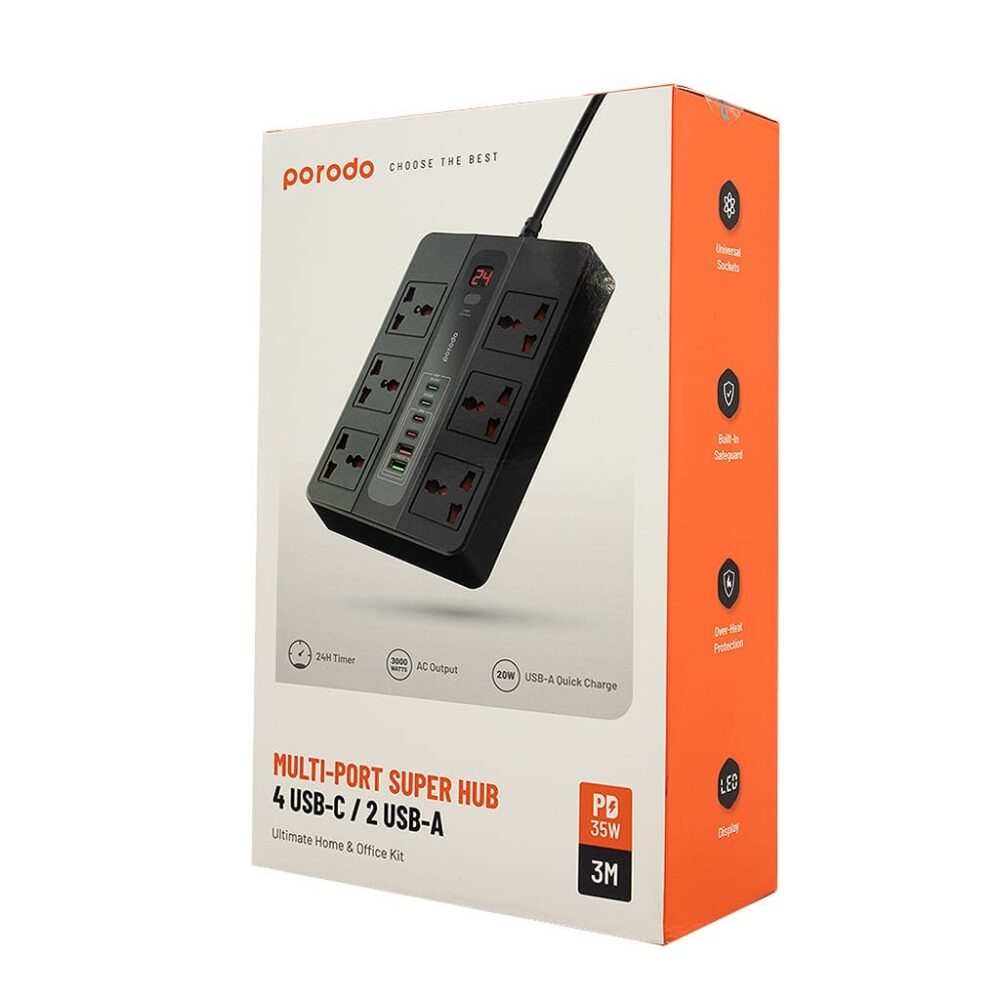 Porodo Multi-Port Super Hub 3M Cablee 3000W UK, Fast Charge, 24 Hours Timer, Universal Sockets, Over-Heat Protection, 6 AC Socket, 4 USB-C Ports, 2 USB-A Ports